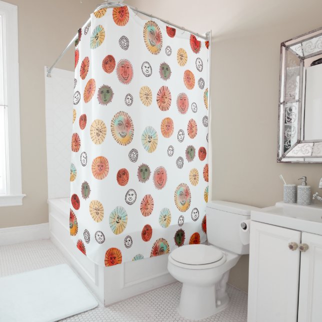 Rideaux De Douche Soleil souriant Aquarelle Whimsical Motif bizarre (En situation)