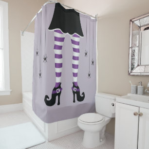 Rideaux De Douche Sorcière aux jambes rayées violettes et araignées