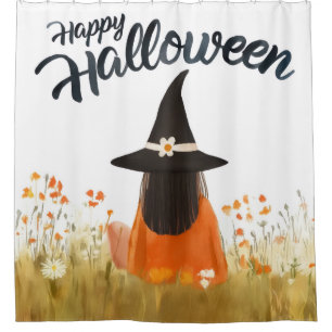 Rideaux De Douche Sorcière d'Halloween dans un champ de fleurs