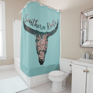 Rideaux De Douche Southern Roots Country Longhorn Rose & Green