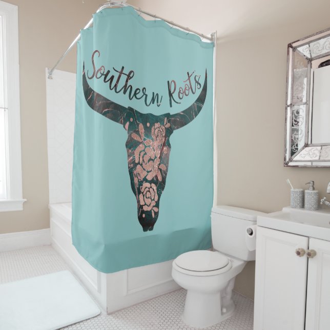 Rideaux De Douche Southern Roots Country Longhorn Rose & Green (En situation)