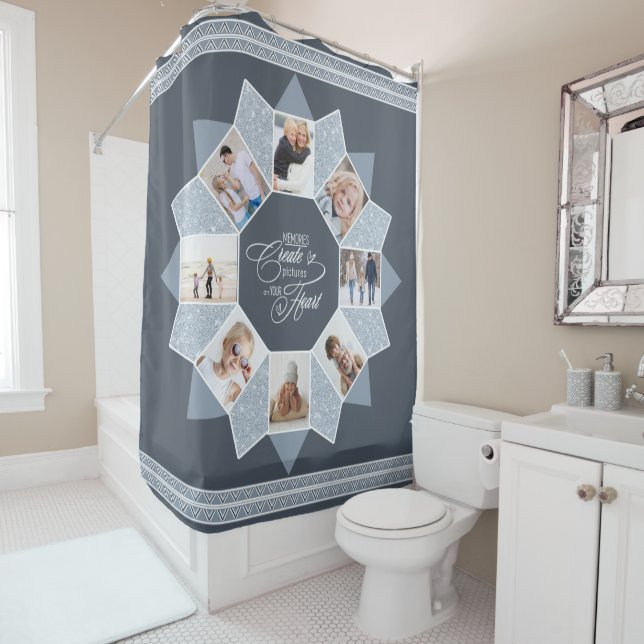 Rideaux De Douche Souvenirs Photo Collage Dusty Blue ID1016 (En situation)