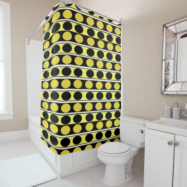 Rideaux De Douche Spectacle en Pois, noir, jaune et blanc (En situation)