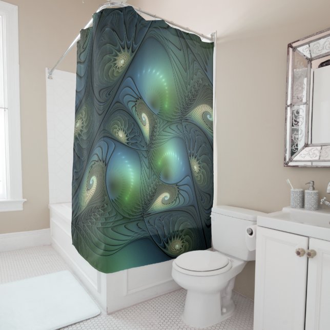 Rideaux De Douche Spirales Turquoise Beige Vert Abstrait Fractal Art (En situation)