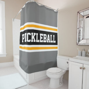 Rideaux De Douche Sporty PICKLEBALL Fun Grey Black Racing Stripes