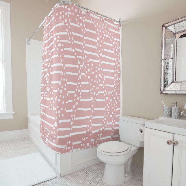 Rideaux De Douche Spots et bandes 2 - Rose et blanc (En situation)