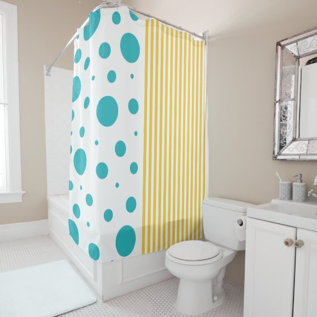 Rideaux De Douche Spots et rayures - Turquoise et Jaune (En situation)