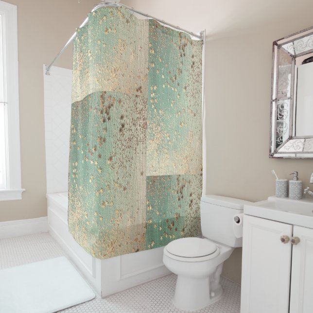 Rideaux De Douche Stardust or sur Sea Green  (En situation)