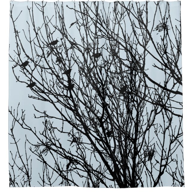 Rideaux De Douche Starlings dans un arbre - Lt Blue Grey #D3E5EF (Devant)