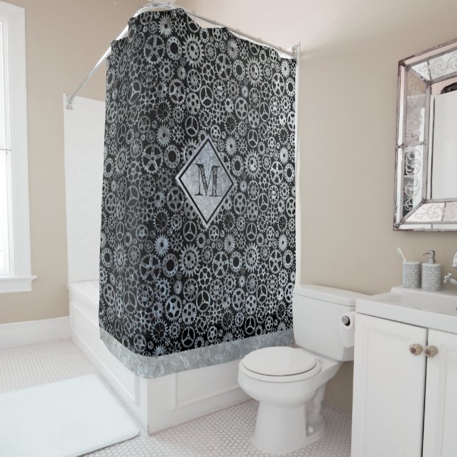Rideaux De Douche Steampunk Argent Zinc engrenages Personnalisé Mono (En situation)
