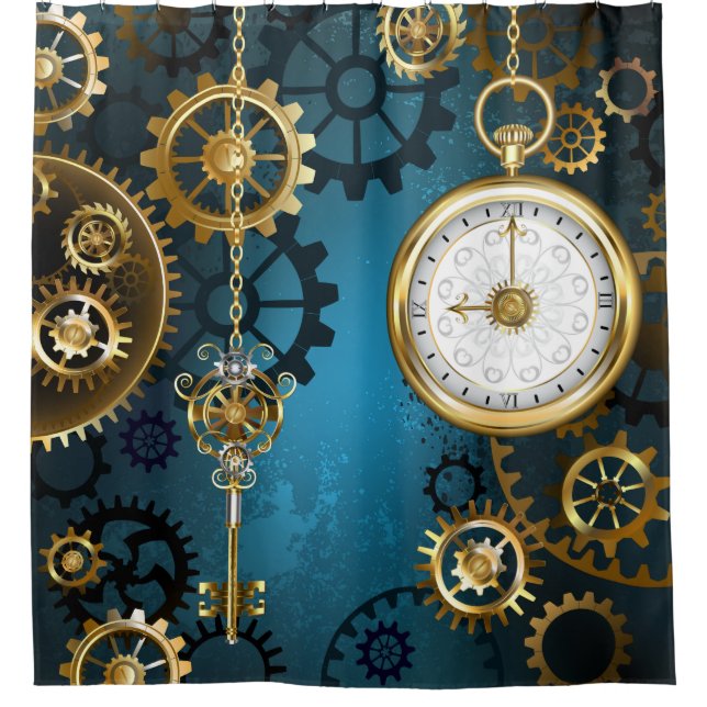 Rideaux De Douche Steampunk Arrière - plan turquoise avec Gears (Devant)