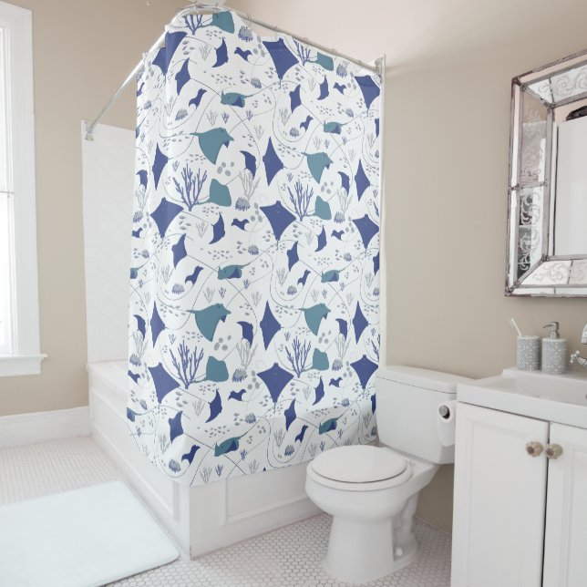 Rideaux De Douche Stingray Monde sous-marin bleu et blanc (En situation)