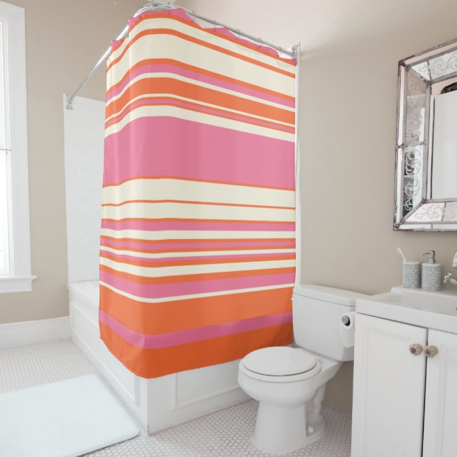 Rideaux De Douche Stripes complexes - rose, orange et crème (En situation)