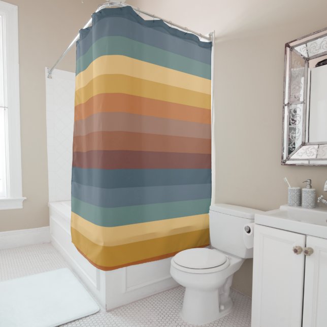 RIDEAUX DE DOUCHE STRIPES DE TON DE TERRE À GRANDE ÉCHELLE (En situation)