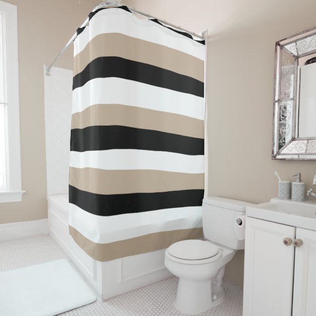 Rideaux De Douche Stripes inégales - Taupe, noir et blanc (En situation)