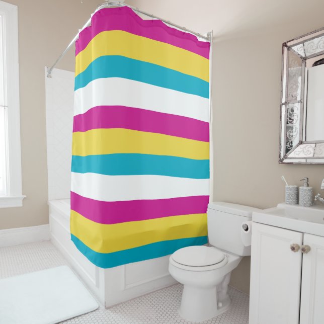 Rideaux De Douche Stripes inégales - Turquoise, Jaune, Rose et Blanc (En situation)