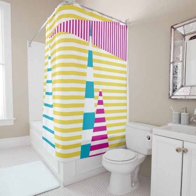 Rideaux De Douche Stripes on Stripes - Turquoise, Jaune et Rose (En situation)