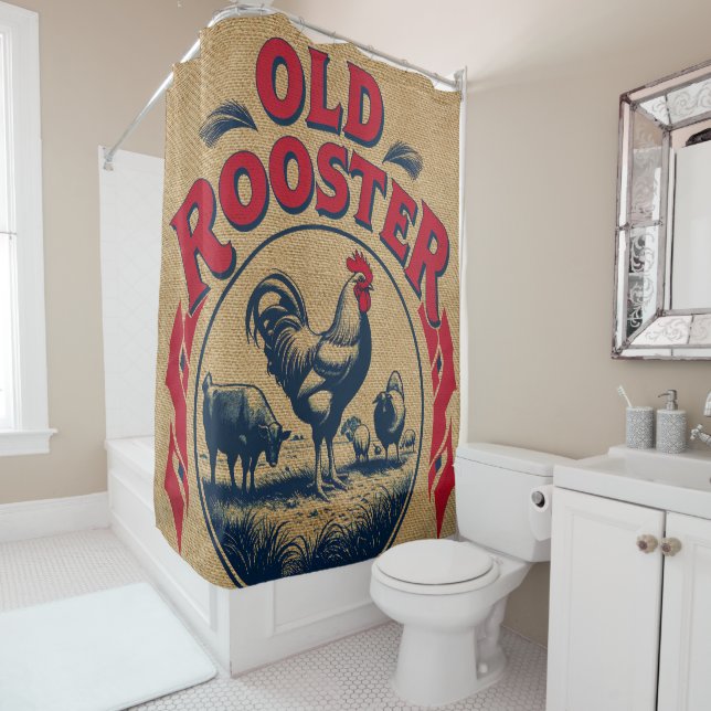RIDEAUX DE DOUCHE STYLE ANCIEN ROOSTER BURLAP (En situation)