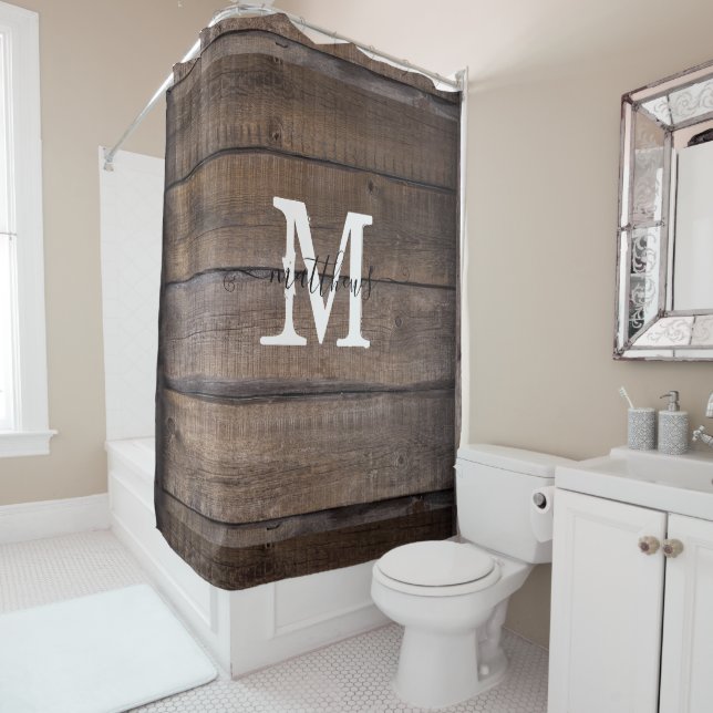 Rideaux De Douche Style rustique bois Monogramme Chêne Campagne Agri (En situation)