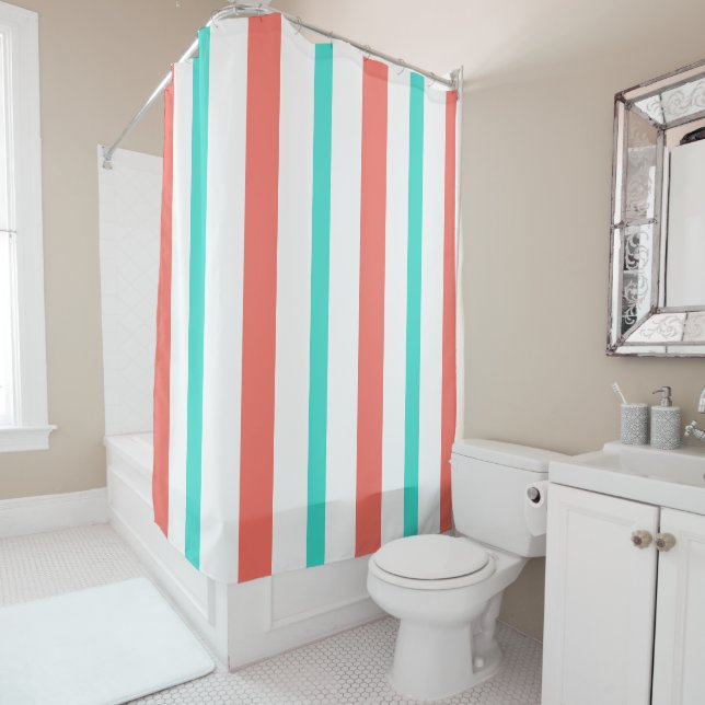 Rideaux De Douche Summer Coral Turquoise White Vertical Stripes (En situation)
