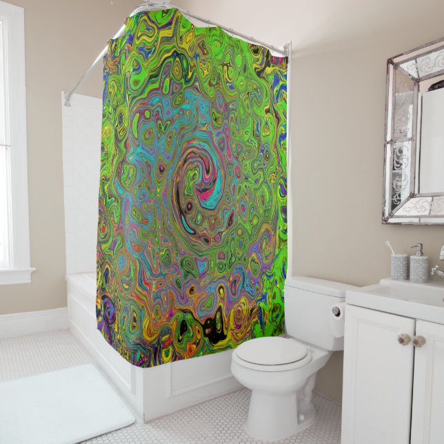 Rideaux De Douche Super Abstrait Retro Lime Green et Blue Swirl (En situation)