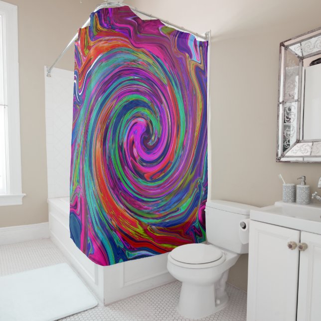 Rideaux De Douche Super Abstrait Retro Magenta Dark Rainbow Swirl (En situation)