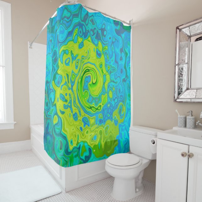 Rideaux De Douche Super Chartreuse et Aquamarine Liquide Swirl (En situation)