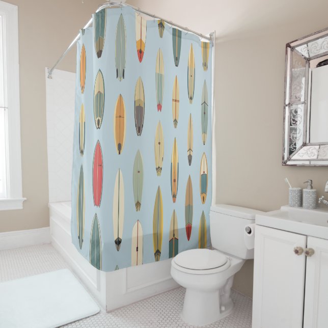 Rideaux De Douche Surf Life - Retro Coastal Blue Surfboard Print (En situation)
