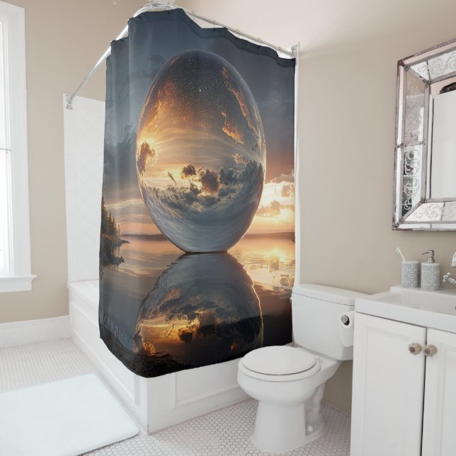Rideaux De Douche Surreal Reflective Sphere With Sunset Clouds Over  (En situation)