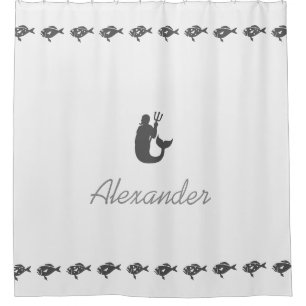 Rideaux De Douche Symboles maritimes gris merman et poisson avec nom