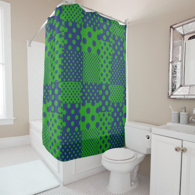 Rideaux De Douche Taches à pois verts bleus Patchwork  (En situation)
