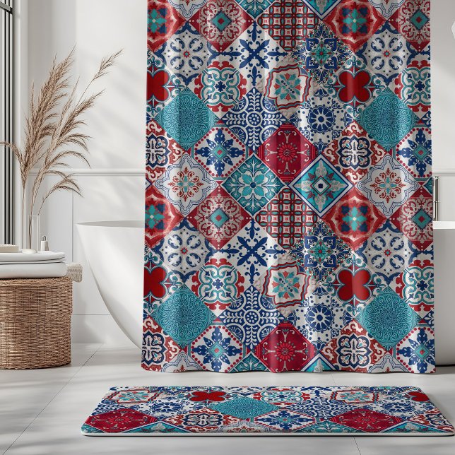 Rideaux De Douche Talavera Tles Turquoise Denim Blue Red White  (Créateur téléchargé)
