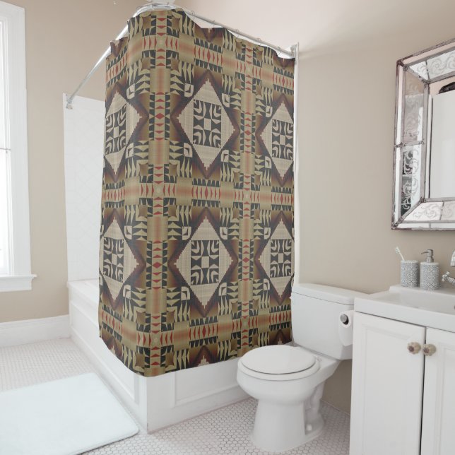 Rideaux De Douche Tan foncé Taupe Brown Rouge Noir Tribal Art (En situation)