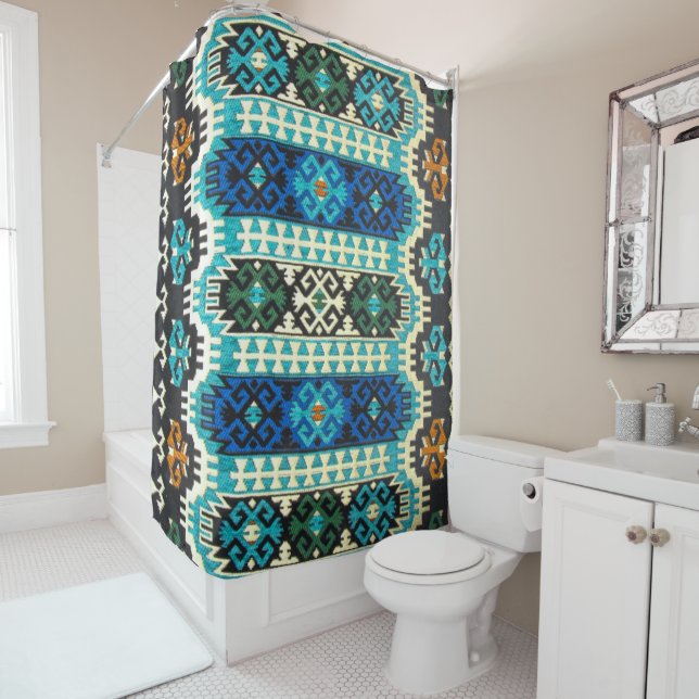 Rideaux De Douche Tapis persan turc oriental bleu vert (En situation)