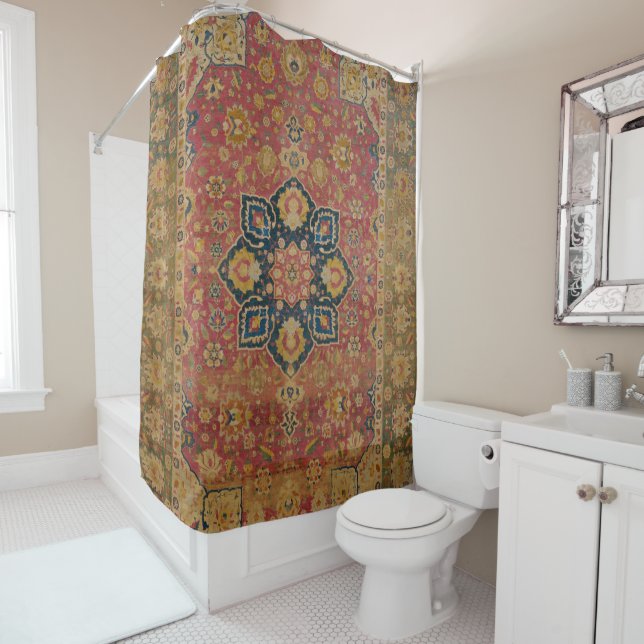 Rideaux De Douche Tapis rouge or Kashan tapis Perse Asiatique (En situation)