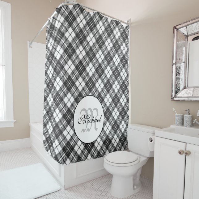 Rideaux De Douche Tartan motif Noël noir blanc Monogramme (En situation)