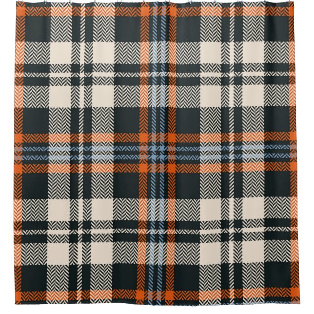 Rideaux De Douche Tartan plaid automne motif en noir, orange, bleu (Devant)