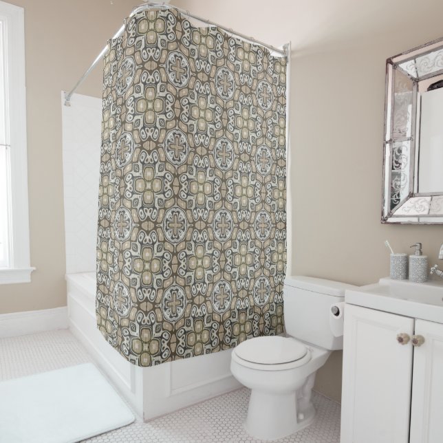 Rideaux De Douche Taupe Brown gris beige Tribal Art (En situation)