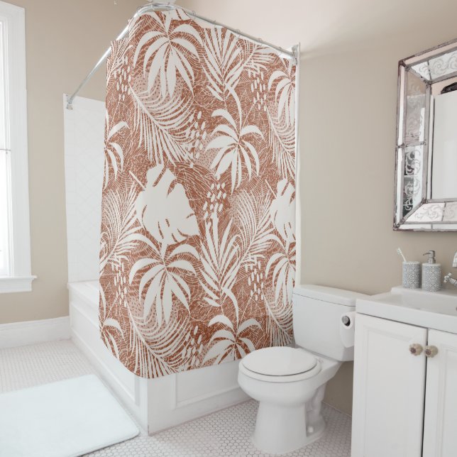 Rideaux De Douche Taupe de Rose Feuille Palm blanc (En situation)