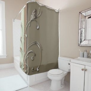 Rideaux De Douche Taupe et vert avec vigne Tourbillonnant et papillo