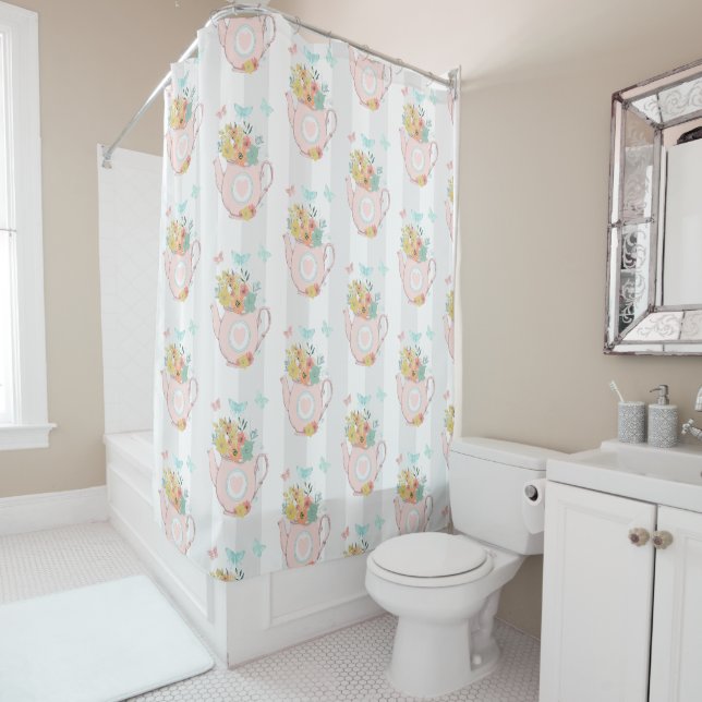 Rideaux De Douche Teapot rose avec Fleurs et Papillons Motif (En situation)