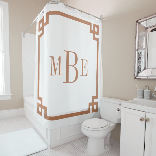 Rideaux De Douche Terra Cotta et White Greek Key | Monogramme (En situation)