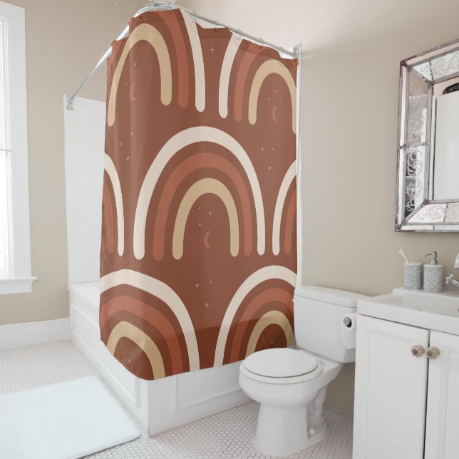 Rideaux De Douche Terracotta Boho Arc-en-ciel Bohemian Moon Stars Br (En situation)