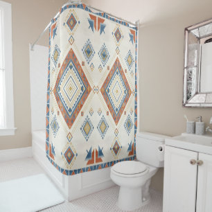 Rideaux De Douche Terrasse en terre cuite ensoleillée et kilim bleu