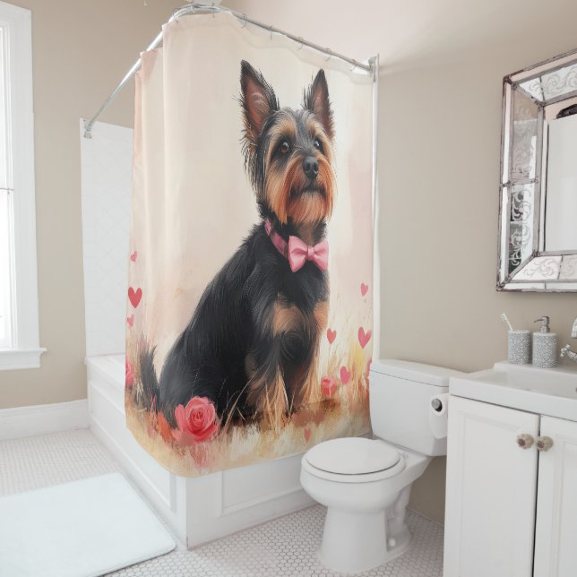 Rideaux De Douche Terrier australien avec Rose - Saint Valentin (En situation)