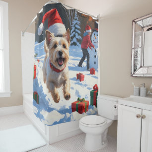 Rideaux De Douche Terrier Cairn courant dans la neige avec un chapea