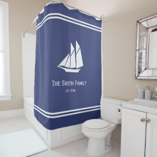 Rideaux De Douche Texte personnalisé nautique avec voilier blanc su