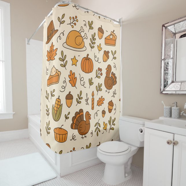 Rideaux De Douche Thanksgiving Doodles Seamless Pattern (En situation)