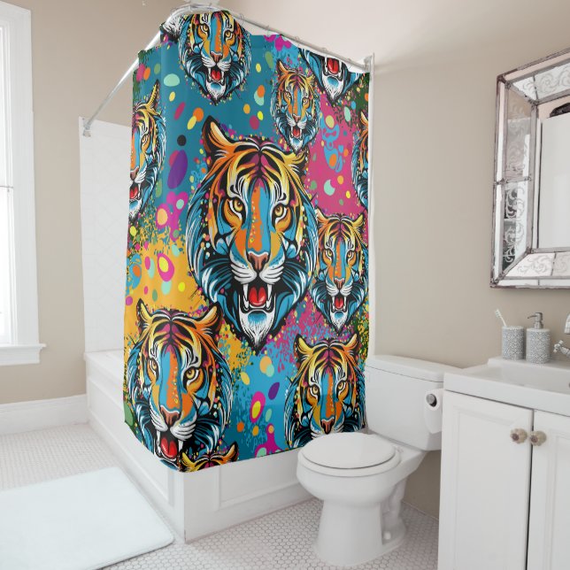 Rideaux De Douche Tiger Head Rainbow colors paint stains (En situation)