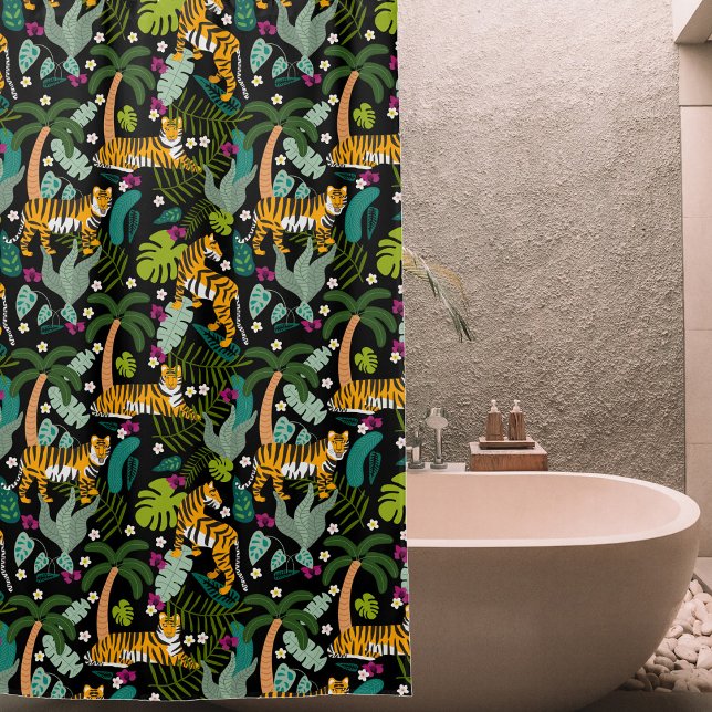 Rideaux De Douche Tigre tropical Forêt botanique Noire Jungle Safari (Tropical Tiger Black Botanical Jungle Safari Cats Shower Curtain)